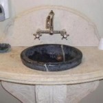 Permian Sea coral limestone vanity with a solid soapstone sink bowl
